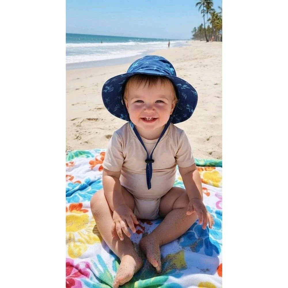 12-24M Baby Sun Hat UPF 50+ Protective Beach Wide Brim Baby Bucket Hat Fish Sea
